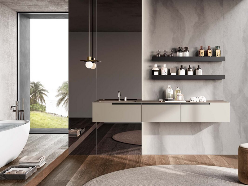 Composition in corda matt lacquered, top in Jasper moka stoneware, shelves and groove in black metal