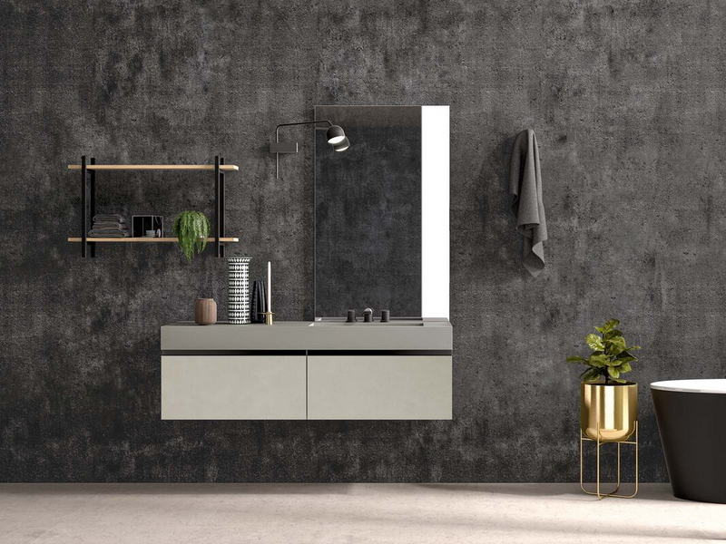 Composition in grafite concrete effect lacquered, grigio matt grey mineral marble top, black metal shelf and groove, shelves in natural oak wood