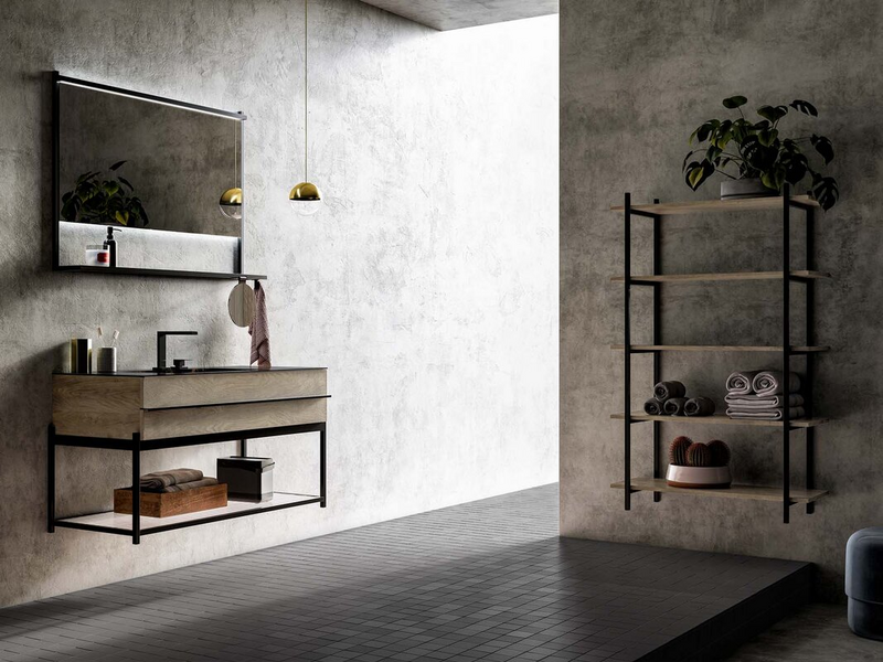Composition in cenere oak wood, Azalai nero stoneware top, black metal frame and shelving and canneté glass shelf