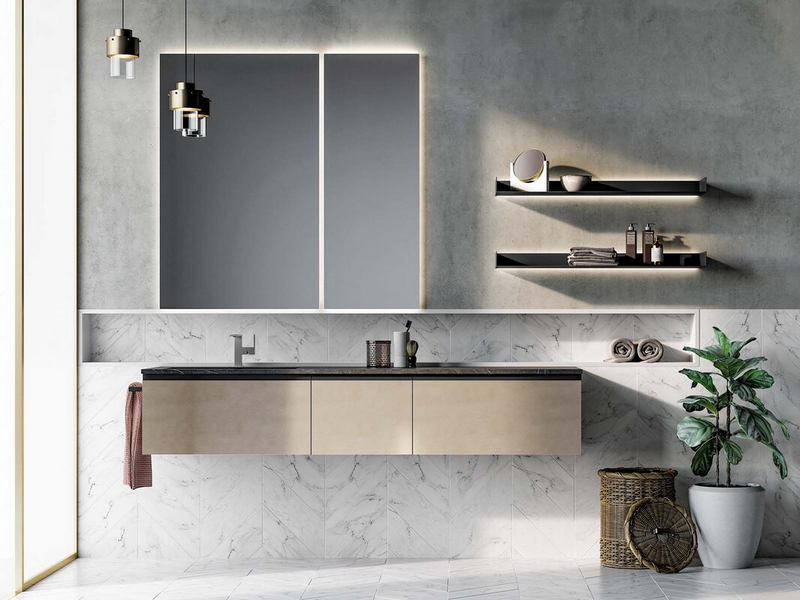 Composition in nickel metal lacquer, top in black Marquinia natural marble, shelves and groove in black metal