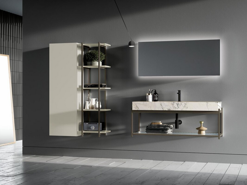 Tortora matt lacquered composition, HPL Statuario top, frame and shelf in metal titanium and canneté glass shelf