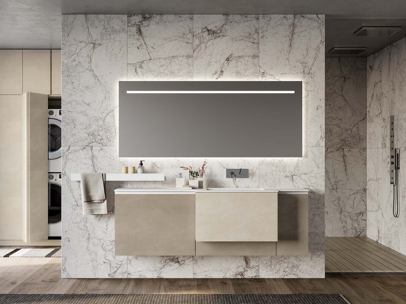 Composition in perla and argilla textured finish, bianco matt mineral marble top, white metal shelves
