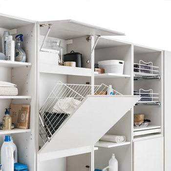 Equipped tall unit with basket, drawer and flap door