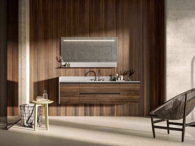 Composition in heat-treated oak wood, top, side and back in HPL Pietra Piasentina, black metal handles