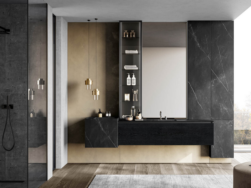 Composition in carbone oak wood and nero matt lacquered, one-piece unit and top in Storm nero stoneware, grey transparent glass column door and black metal accessories