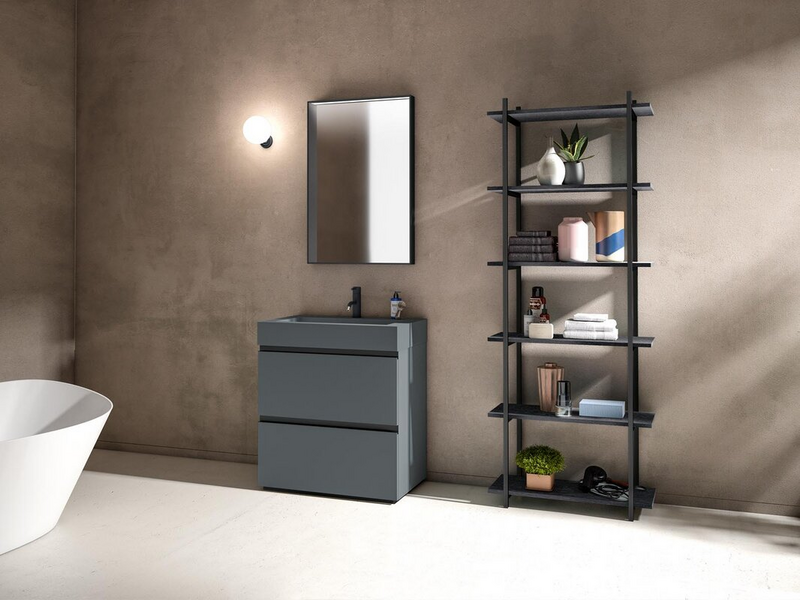 Composition in grgio bromo Fenix NTM, shelving and groove in black metal, shelves in carbone oak essence