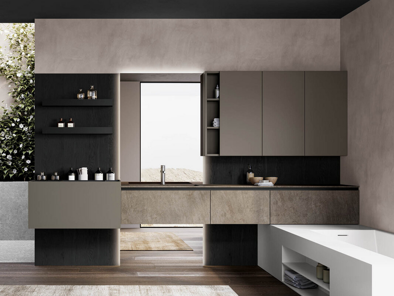Composition in grigio aston matt lacquered, equipped backs in carbone oak wood, top and fronts in Jasper moka stoneware, black metal accessories