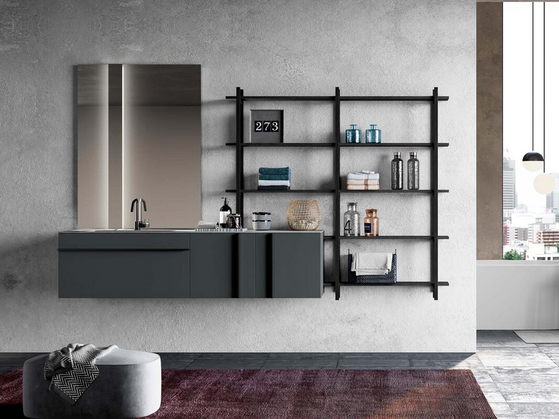Composition in grigio antracite matt lacquer, shelves in carbone oak wood, top in grigio Storm stoneware, shelves and handles in black metal