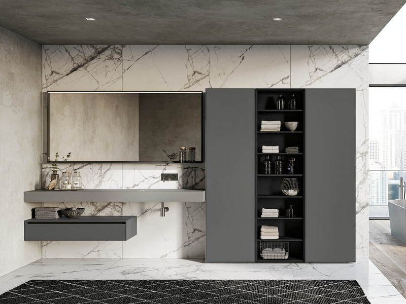 Piombo metallic matt lacquered composition, open units in nero matt lacquered, grigio mineral marble top